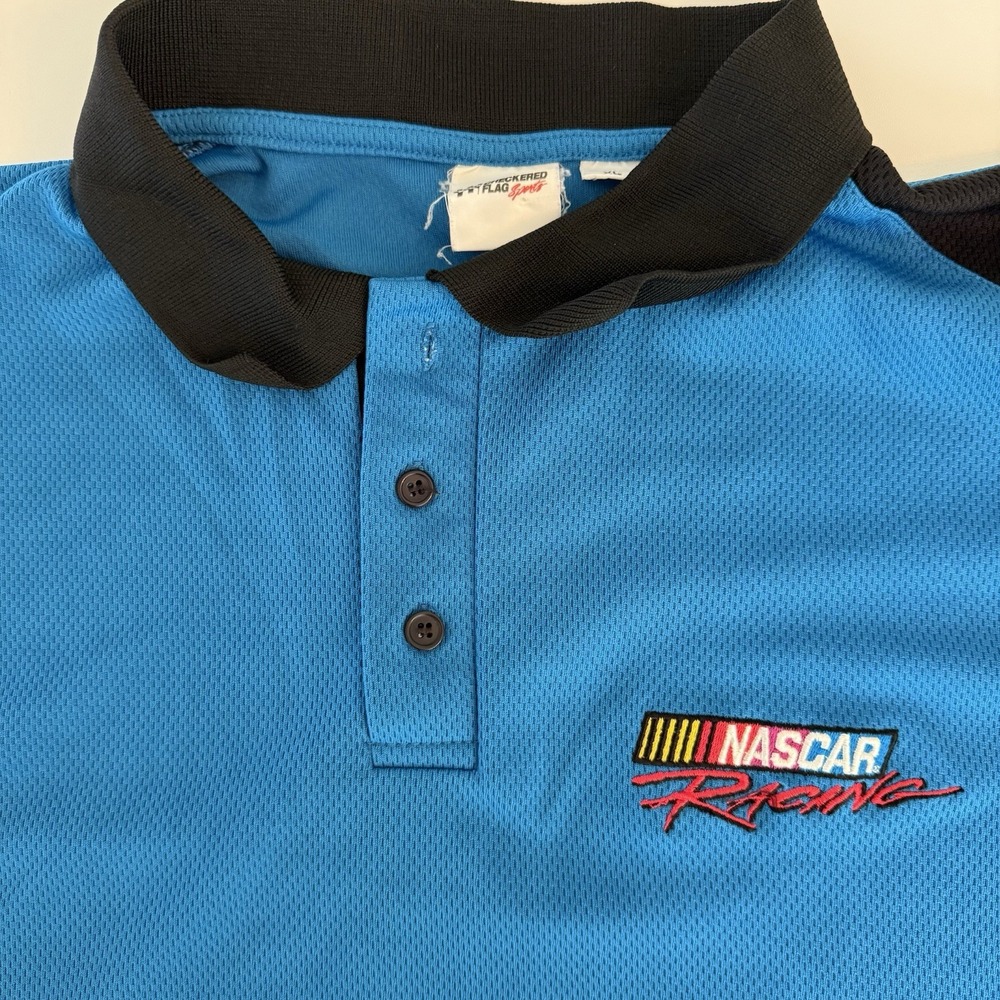Vintage NASCAR Checkered Flag Sports Polo Shirt - Men's Size M, Blue, 100% Polye